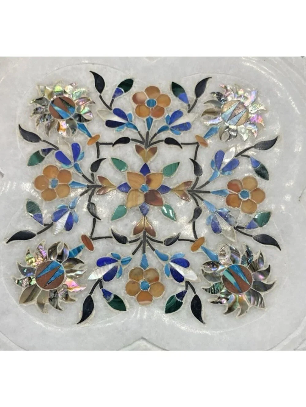Inlaid Marble Plate Floral Stone Handmade Decor Boho Cottage 7 Inches